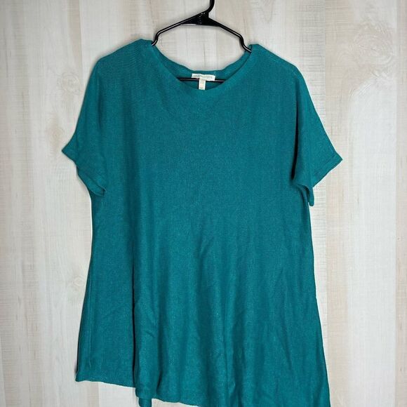 Eileen Fisher linen turquoise short sleeve‎ tunic top, size small - Picture 2 of 16